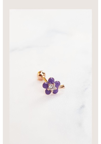 Tekli Ithal Purple Flower Gümüş Piercing Küpe