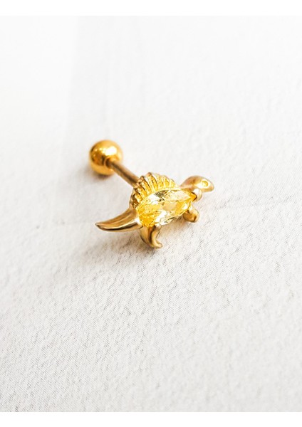 Tekli Ithal Dinazor Sarı Taşlı Gümüş Piercing Küpe