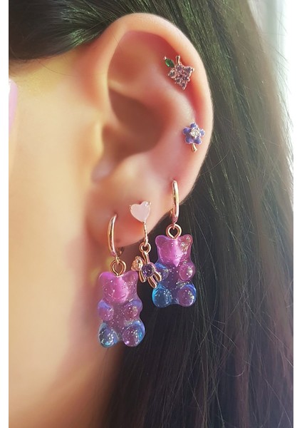 Tekli Ithal Purple Flower Gümüş Piercing Küpe