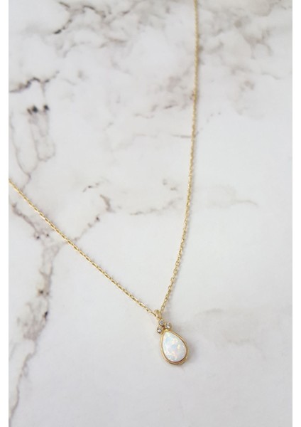 Zirkon Taşlı Sedefli Damla Gümüş Kolye