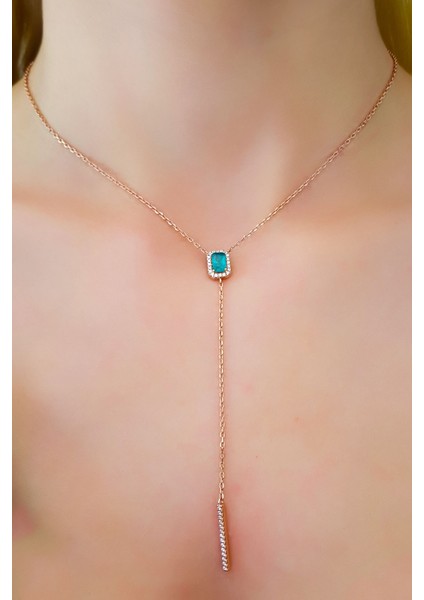 Ithal Yeşil Baget Taşlı Sallantılı Gümüş Kolye