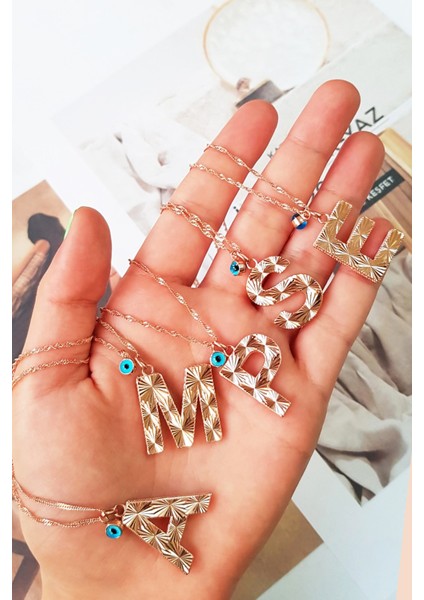 P-Nazar Boncuklu Altın Işçilik Harf Gümüş Kolye modelleri