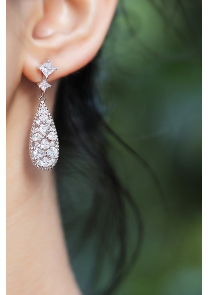 Çiftli, Kalp Taşlı Damla Model Gümüş Küpe