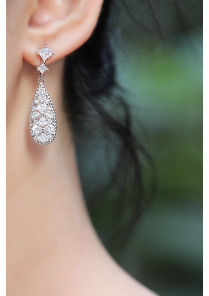 Çiftli, Kalp Taşlı Damla Model Gümüş Küpe fiyatları