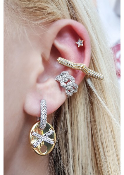 Tekli Zirkon Taşlı Çapraz Detaylı Gümüş Küpe