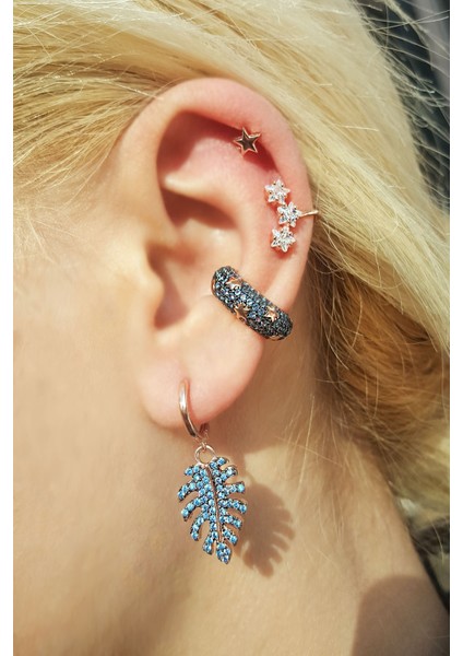 Tekli Aqua Tropi Leaf Gümüş Küpe