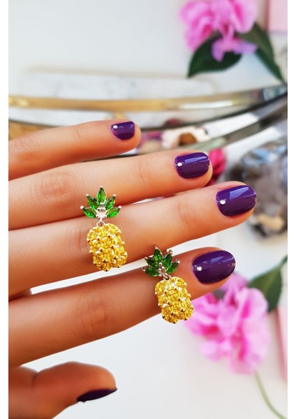 Çift, Vidalı Ananas Model Gümüş Küpe
