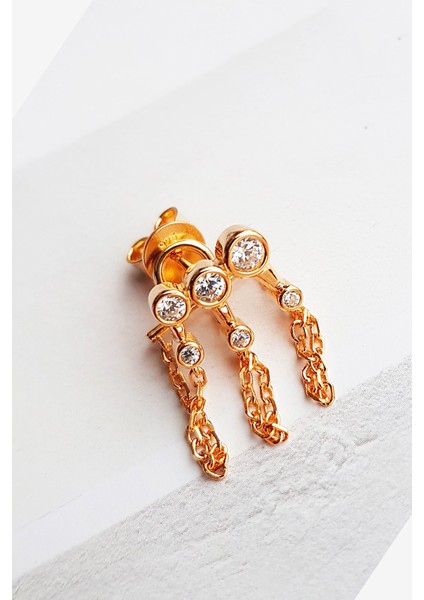 Tekli Ithal 3 Stone Chain Gümüş Küpe