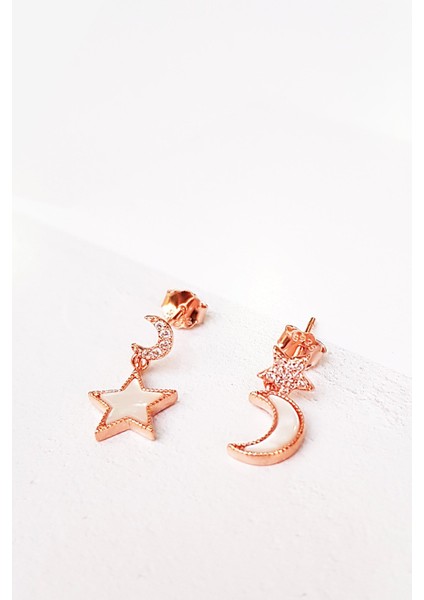 Mini Ithal Ay Yıldız Taşlı Gümüş Küpe - Çift modelleri