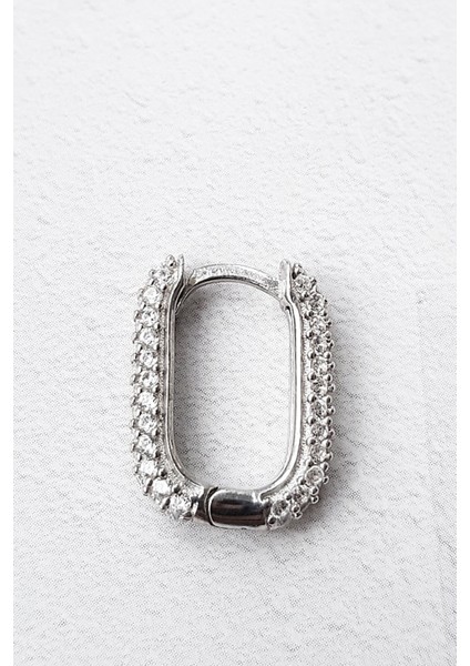 Tekli Dikdörtgen Tepelik Taşlı Rodyum Kaplama Gümüş Küpe