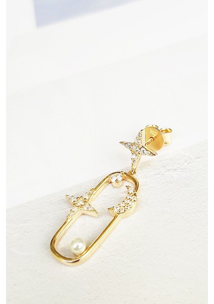 Tekli Ithal Square Moon Star Pearl Gümüş Küpe