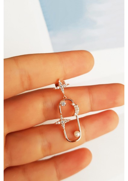 Tekli Ithal Square Moon Star Pearl Gümüş Küpe fiyatları