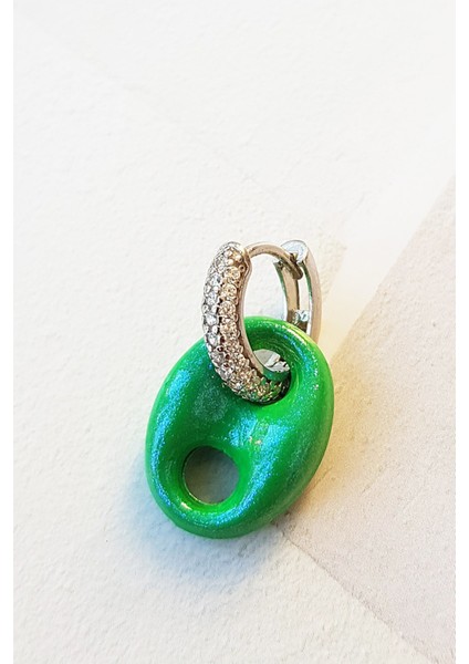 Tekli Su Yeşil Mid Bombeli Love Gümüş Küpe