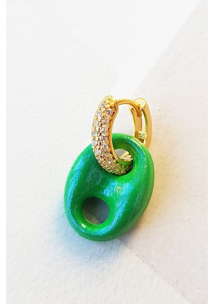 Tekli Su Yeşil Mid Bombeli Love Gümüş Küpe modelleri