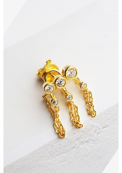 Tekli Ithal 3 Stone Chain Gümüş Küpe