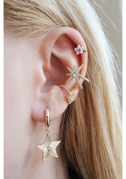 Tekli Tektaş Detaylı Star Gümüş Küpe