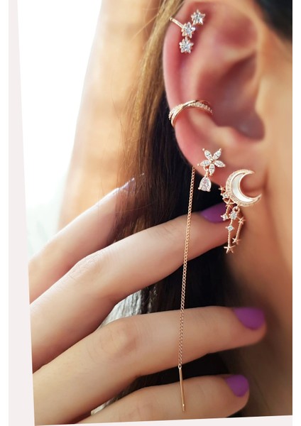 Tekli Ithal Sedefli Ay Uzun Figür Gümüş Küpe- Sağ Taraf fiyatları