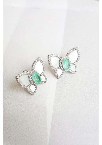 Çiftli, Sedef Taş ve Paraiba Turmalin Taş Kelebek Gümüş Küpe