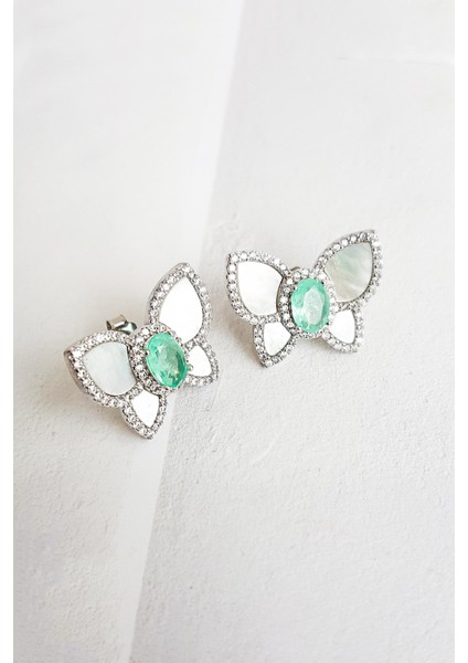 Çiftli, Sedef Taş ve Paraiba Turmalin Taş Kelebek Gümüş Küpe modelleri