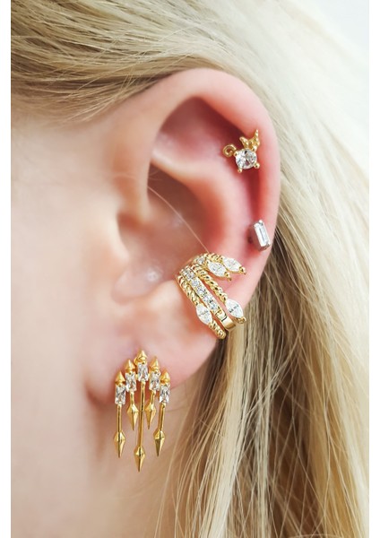 Tekli Baget Taşlı Ok Gümüş Küpe