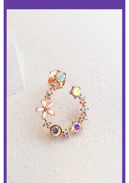 Tekli, Ithal Sol Taraflı Flower Renkli Gümüş Küpe