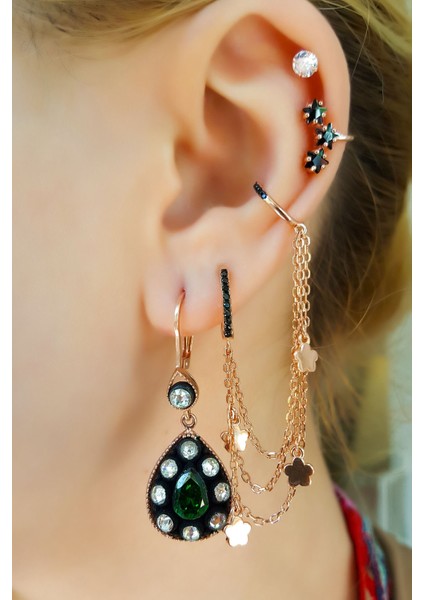 Çiftli, Zümrüt Taşlı Damla Elmas Kesim Gümüş Küpe