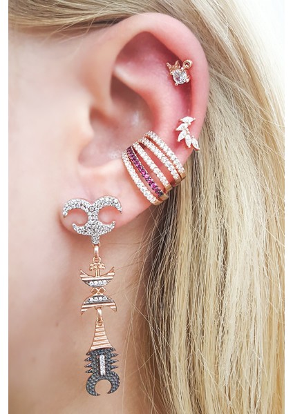 Tekli Mitolojik Akrep Kuyruklu Tribal Gümüş Küpe