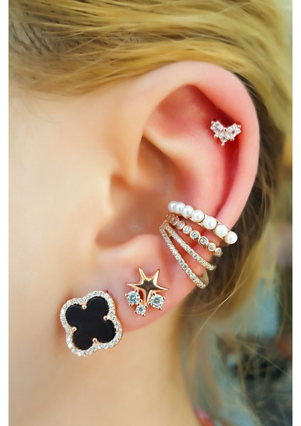 Tekli Siyah Mineli Yonca Gümüş Küpe