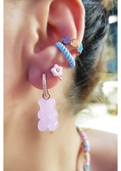 Tekli Jelibon Toz Pembe Candy Bear Gümüş Küpe