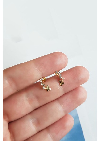 Tekli Minimal Taşlı Butterfly Gümüş Küpe