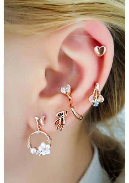 Çiftli, Kelebek ve Manolya Çiçekli Halka Gümüş Küpe