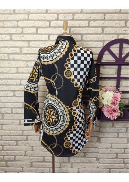 Zincir Desenli Moskrep Kumaş Fakir Kol Gömlek Elbise 70CM modelleri