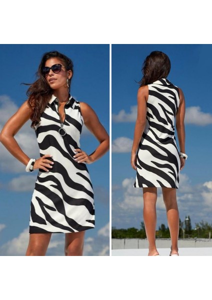 Zebra Desen İki İplik Kumaş Fermuarlı Elbise