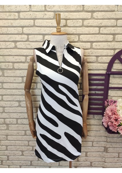 Zebra Desen İki İplik Kumaş Fermuarlı Elbise