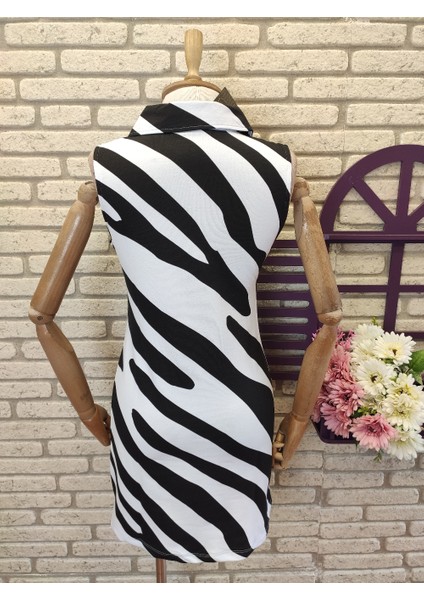 Zebra Desen İki İplik Kumaş Fermuarlı Elbise