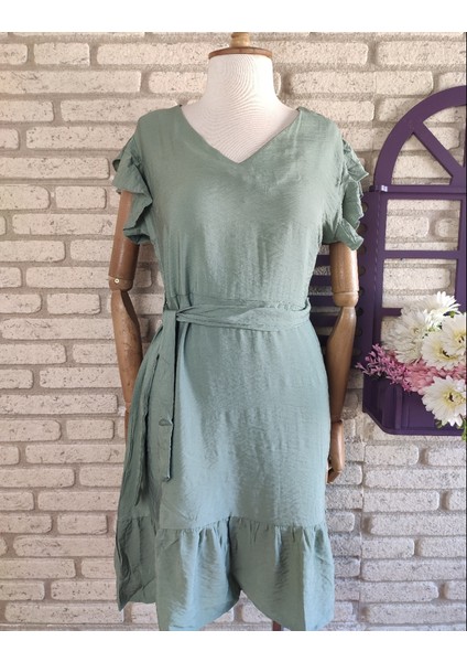 Fırfır Detay Kuşaklı Aerobin Kumaş Elbise 88CM (Turkuaz Yeşil) fiyatları