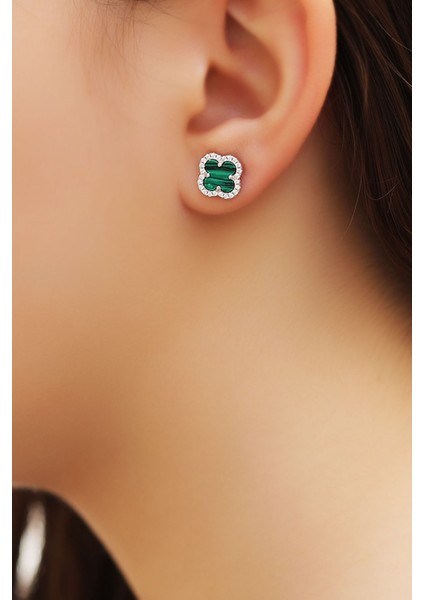 Çiftli, Yeşil Taşlı Yonca Gümüş Küpe