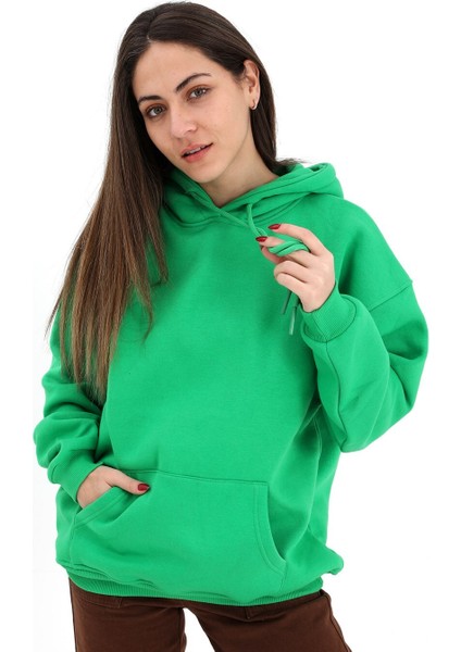 Pnch Kapüşonlu Kanguru Cepli Oversize Sweatshirt - Yeşil