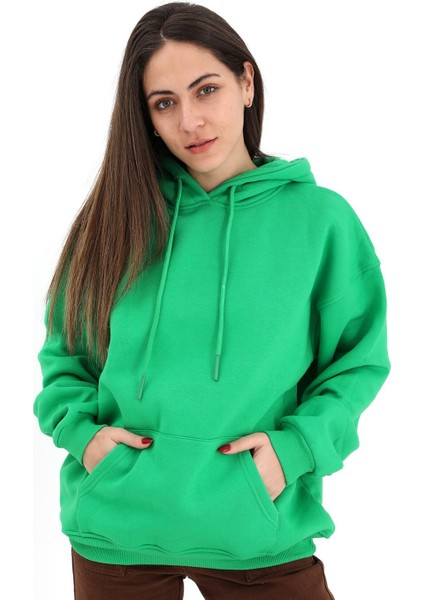 Pnch Kapüşonlu Kanguru Cepli Oversize Sweatshirt - Yeşil