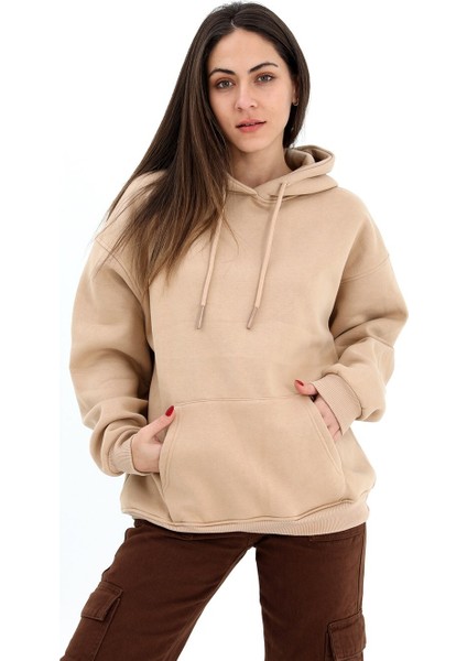 PNCH Kapüşonlu Kanguru Cepli Oversize Sweatshirt - Bej