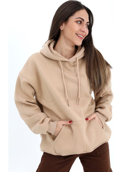 PNCH Kapüşonlu Kanguru Cepli Oversize Sweatshirt - Bej