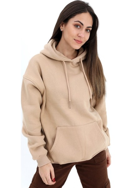 PNCH Kapüşonlu Kanguru Cepli Oversize Sweatshirt - Bej