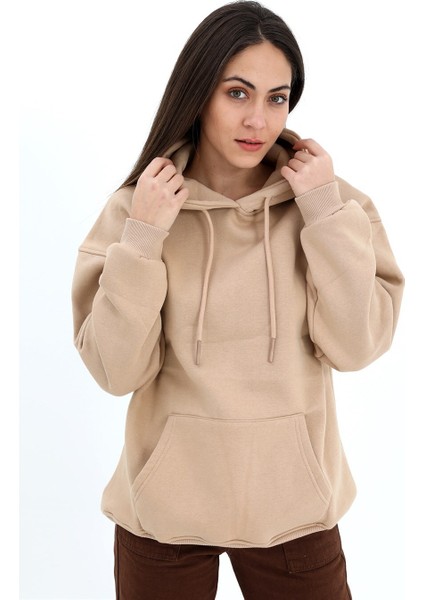 PNCH Kapüşonlu Kanguru Cepli Oversize Sweatshirt - Bej