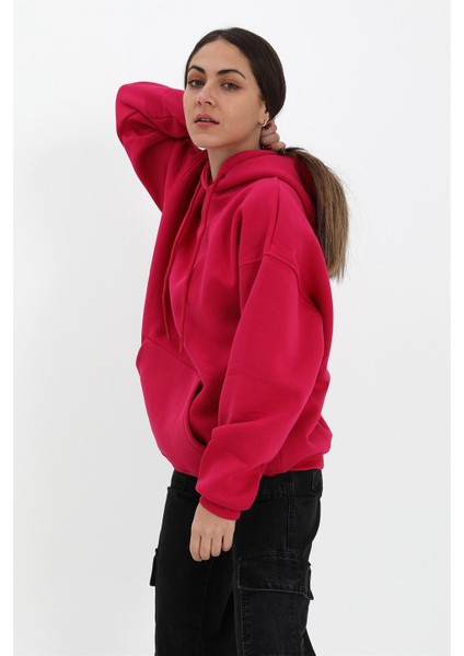 Pnch Kapüşonlu Kanguru Cepli Oversize Sweatshirt - Fuşya