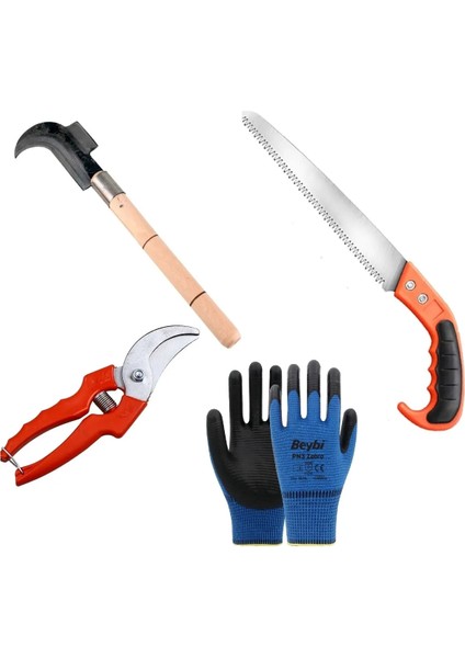 Bahçe Alet Seti Bağ Budama Testeresi Makas Baltalı Mini Orak Eldiven Budama Seti 4 Parça