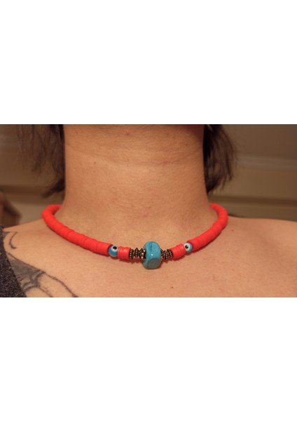 El Yapımı Kırmızı Fimo Doğal Turkuaz (Firuze) Taş ve Nazar Boncuklu Kadın Kolye