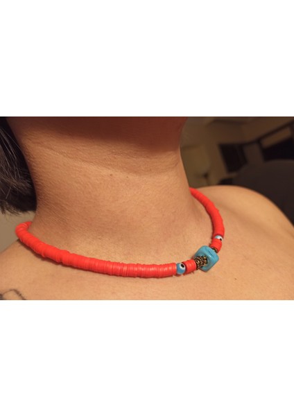 El Yapımı Kırmızı Fimo Doğal Turkuaz (Firuze) Taş ve Nazar Boncuklu Kadın Kolye fiyatları