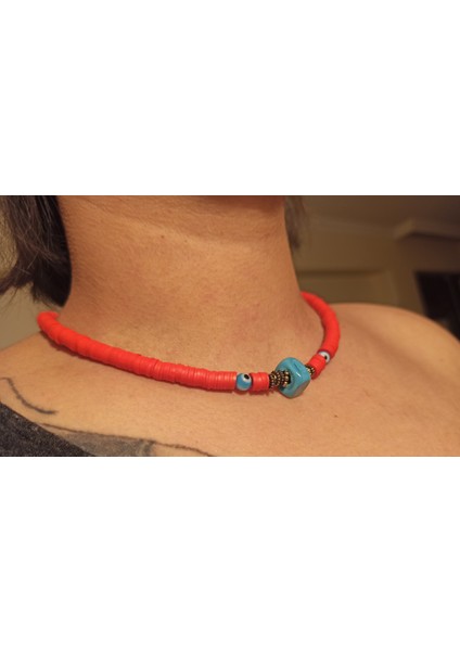 El Yapımı Kırmızı Fimo Doğal Turkuaz (Firuze) Taş ve Nazar Boncuklu Kadın Kolye modelleri
