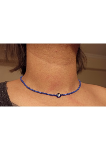 El Yapımı Nazar Boncuk Detaylı Lacivert Cam Boncuklu Kadın Kolye