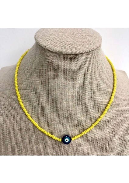 Handmade Sarı Kum Boncuk Nazar Boncuk Detaylı Kadın Kolye